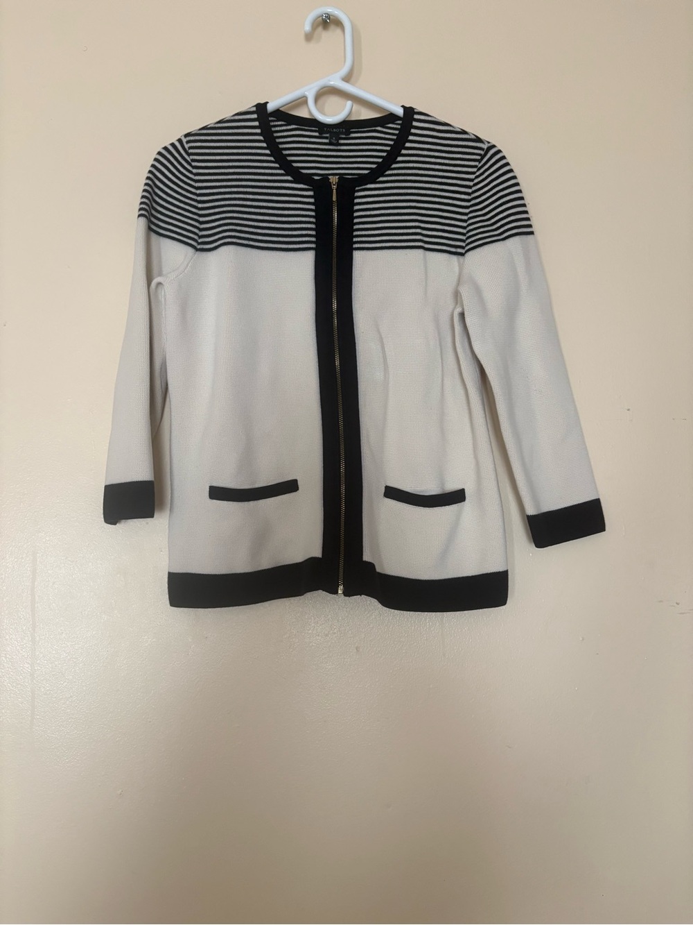Talbots Cream and Black Striped Yoke Zip Jacket